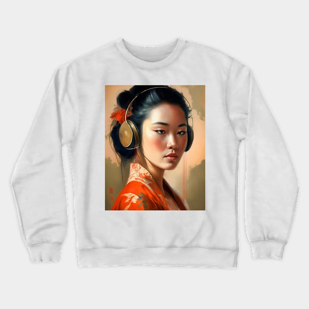 Music Lover-Listening to Music with Earphones-Asian Woman Crewneck Sweatshirt by Unboxed Mind of J.A.Y LLC 